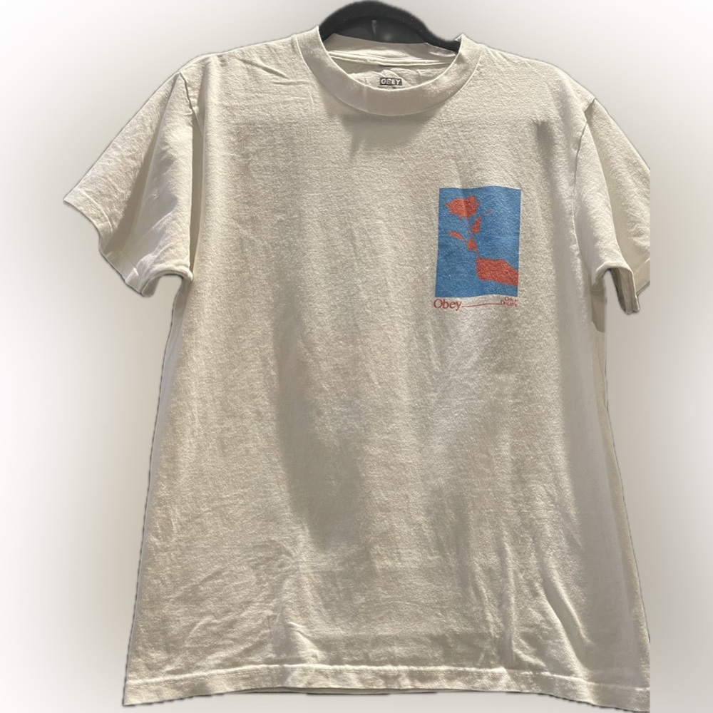 Obey Beige T-Shirt with Red and Blue Graphic